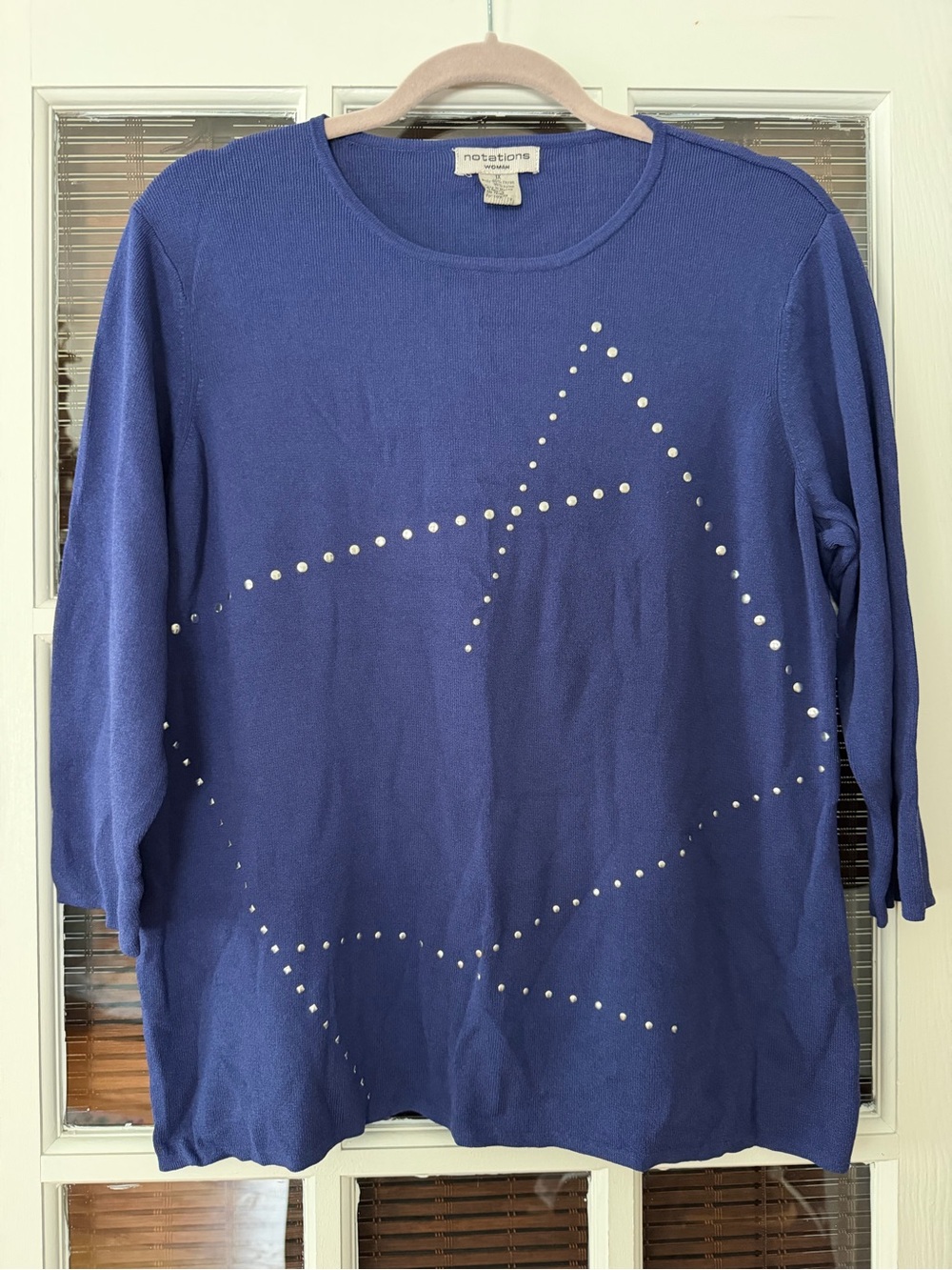 Notations Woman Women’s 1X Blue Silver Embellished Accent Knit Top | SKU 0806